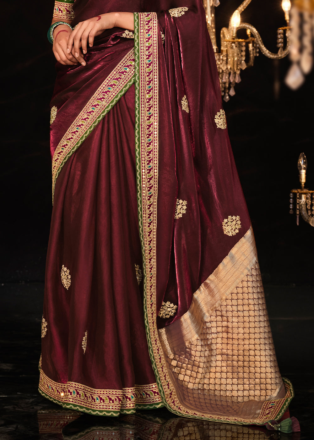 Sanguine Brown Embroidered Designer Satin Silk Saree