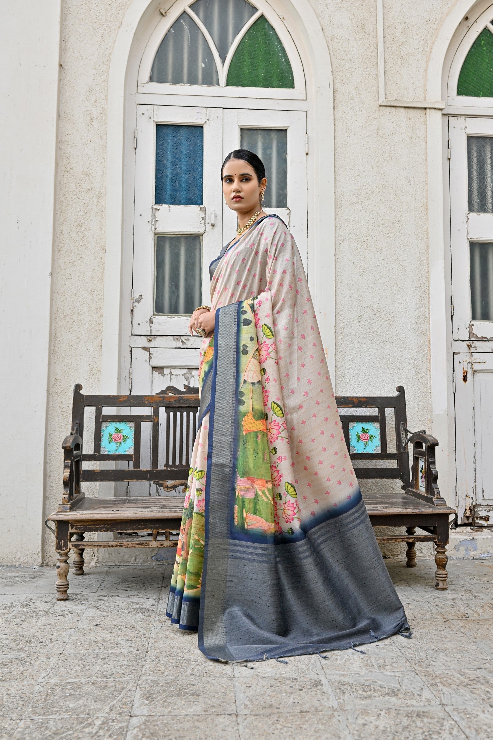 Tide White and Blue Tussar Printed Silk Saree