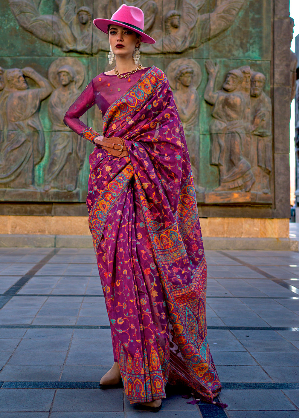 Midnight Pearl Purple Jamawar Woven Organza Silk Saree