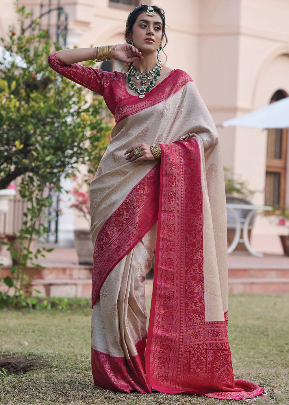 Dusty White and Red Designer Satin Silk Saree