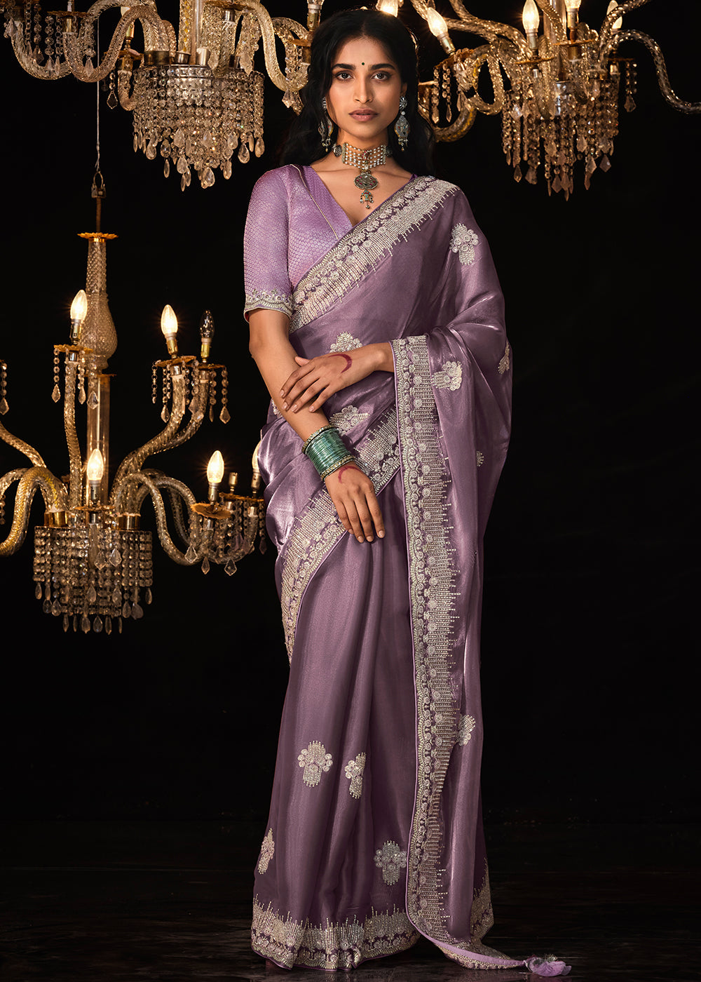 Bouquet Purple Embroidered Designer Satin Silk Saree