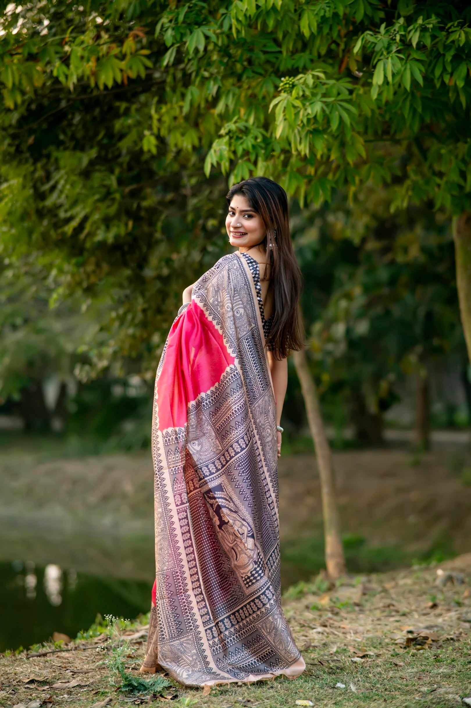 Radical Pink Madhubani Printed Silk Saree