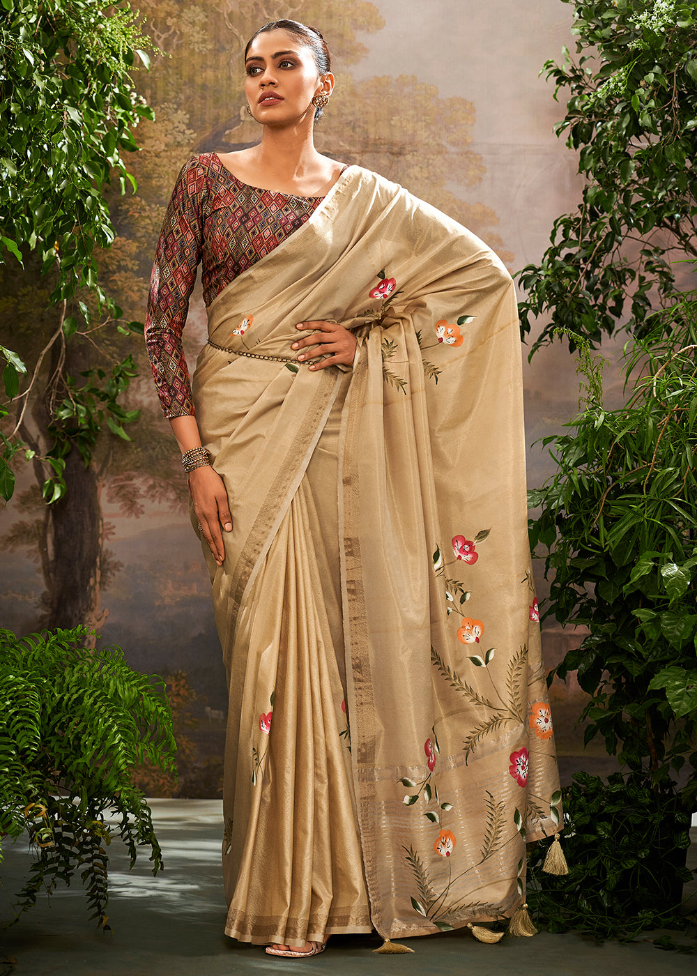 Egg Shell Cream Painted Linen Silk Saree