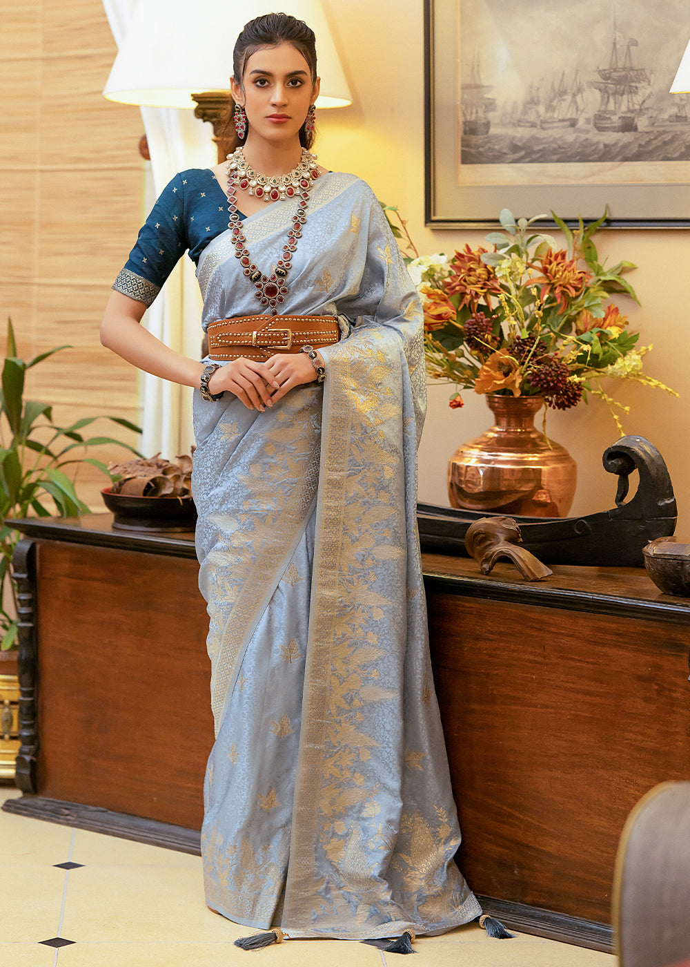 Heather Blue Woven Satin Silk Saree