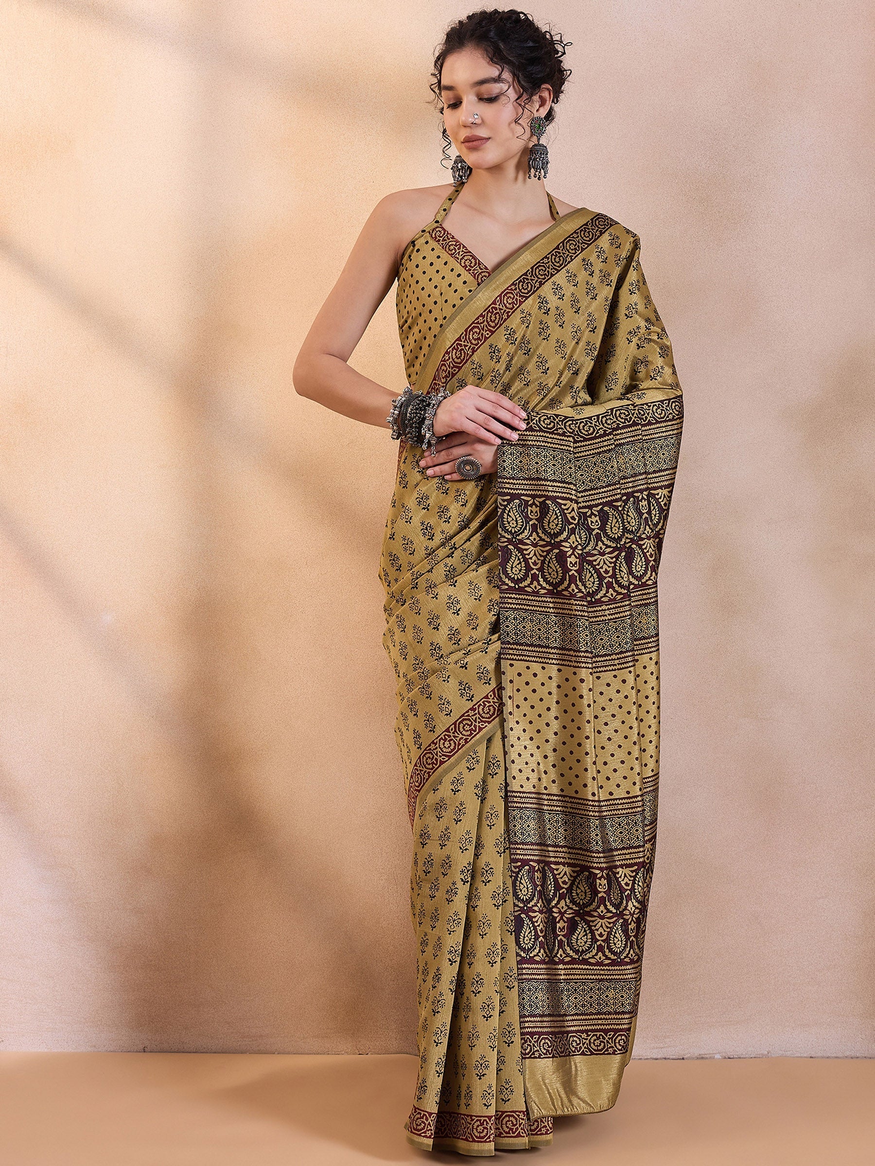 Muesli Yellow Printed Dola Silk Saree