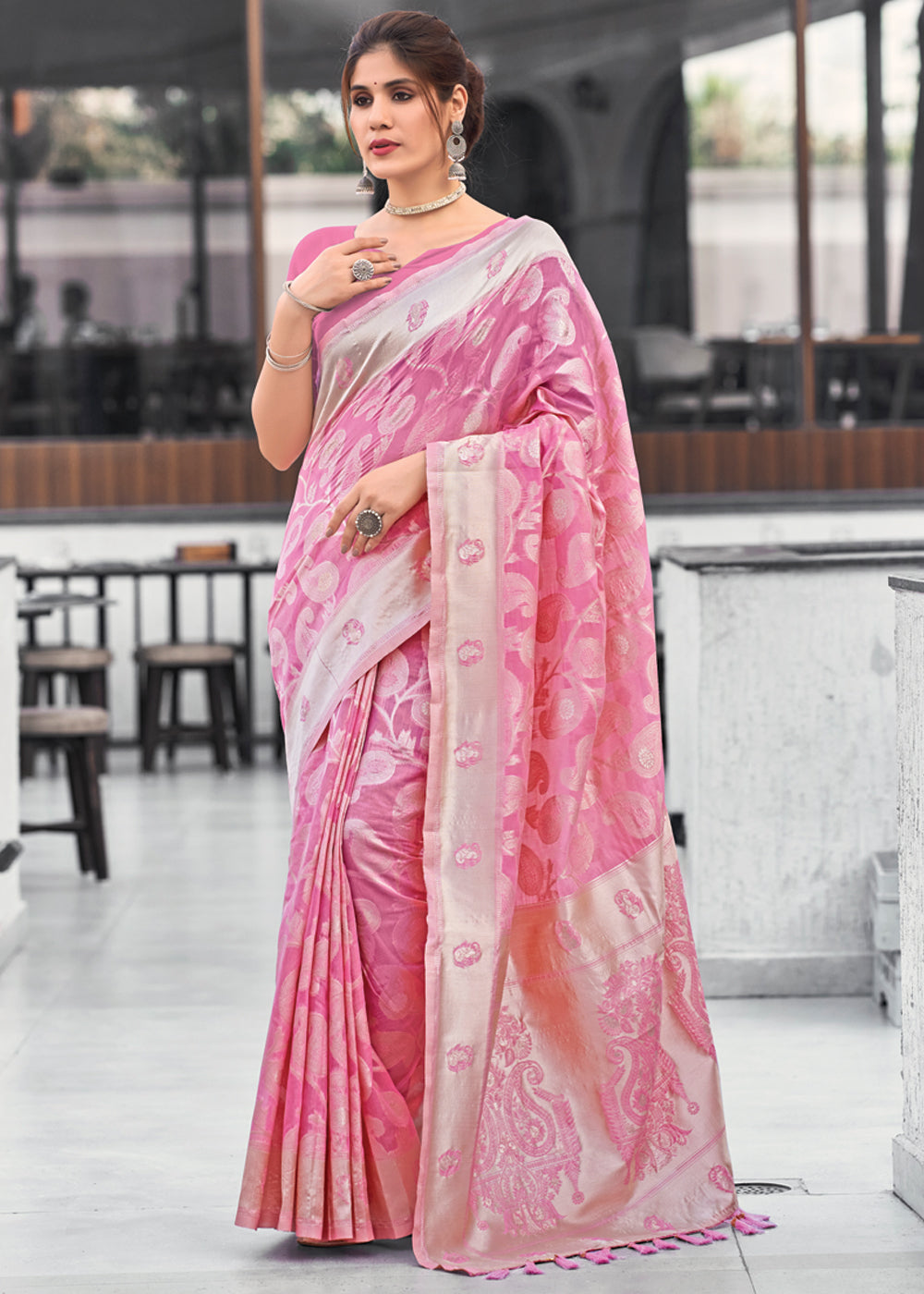 French Pink Lucknowi Linen Cotton Saree