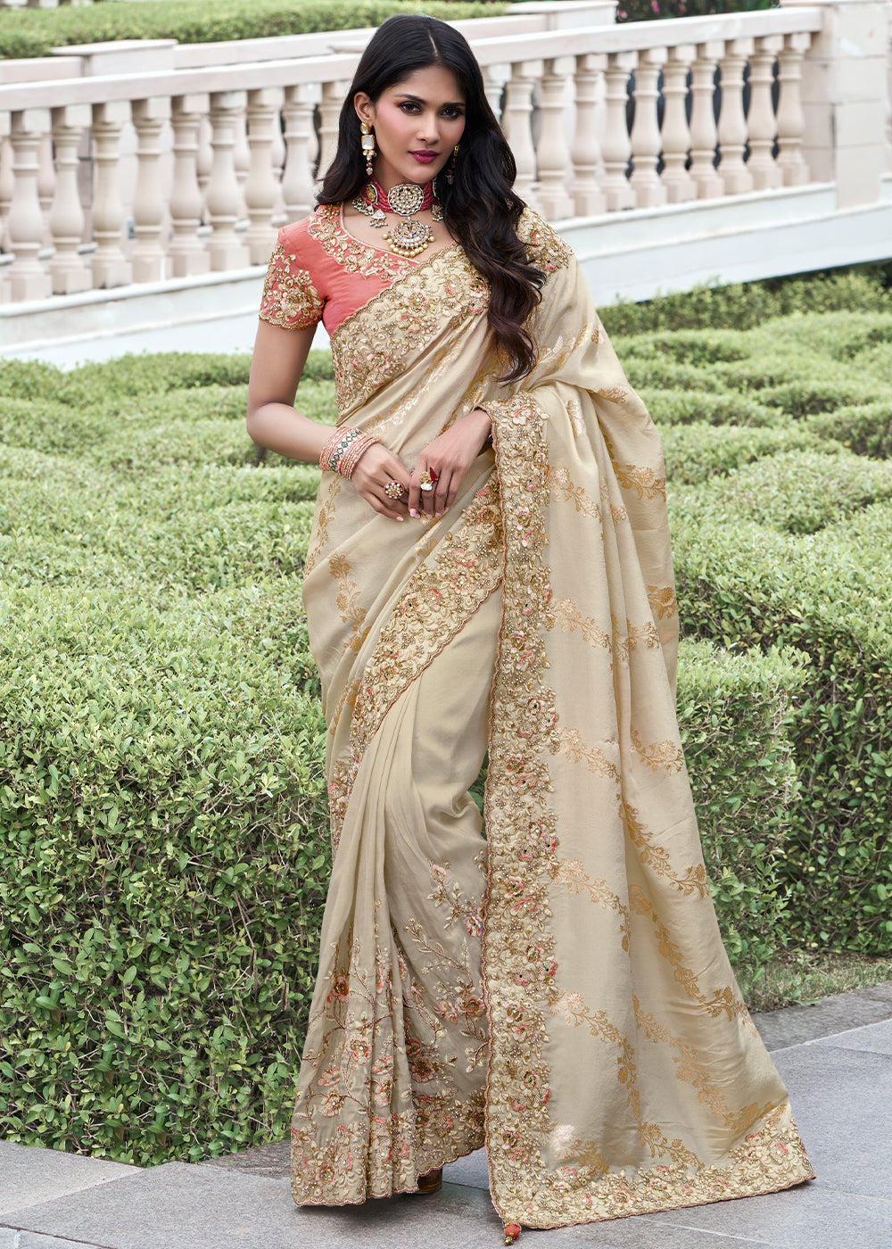 Bone Cream Embroidered Designer Silk Saree