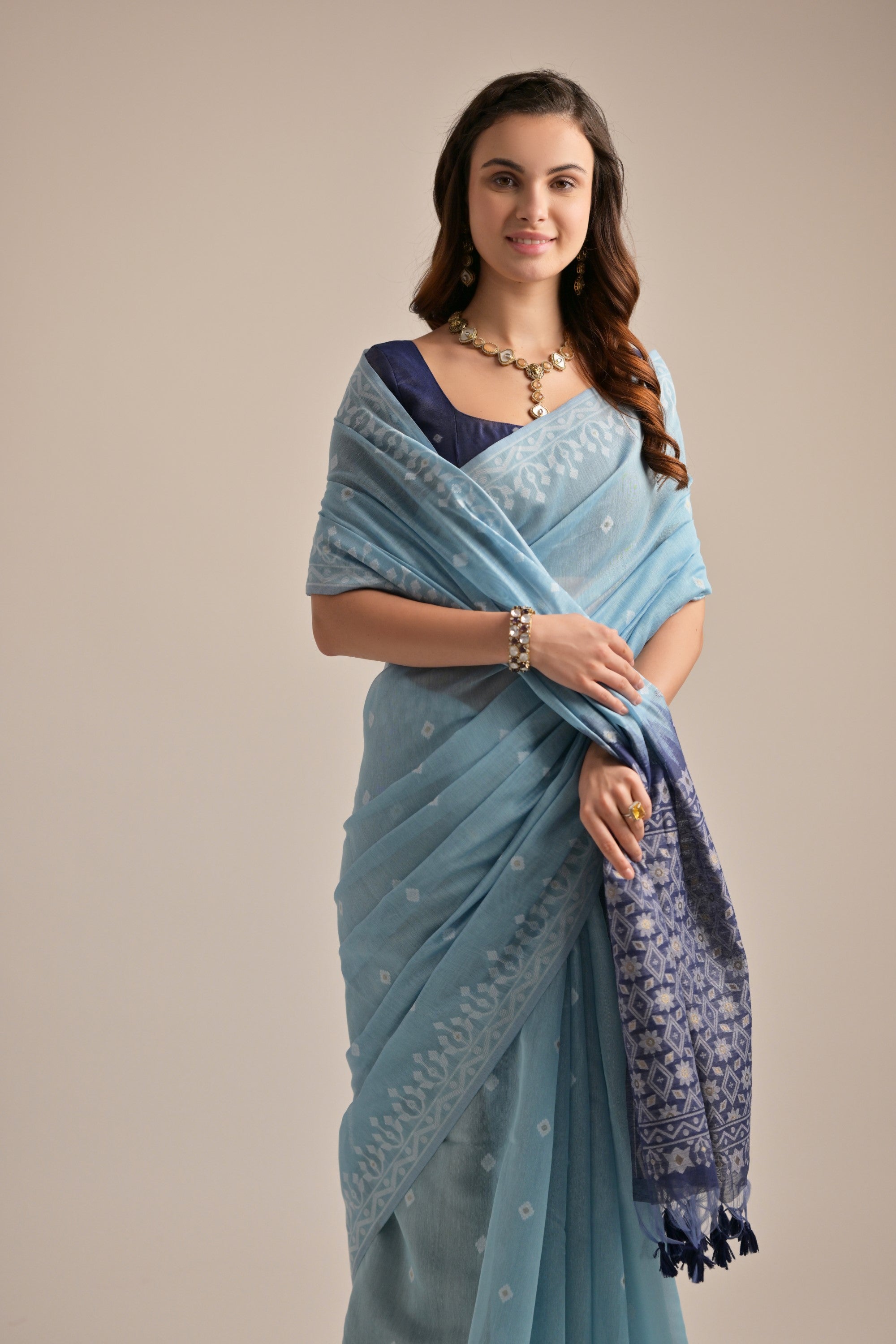 Jungle Mist Blue Lucknowi Woven Muga Cotton Saree