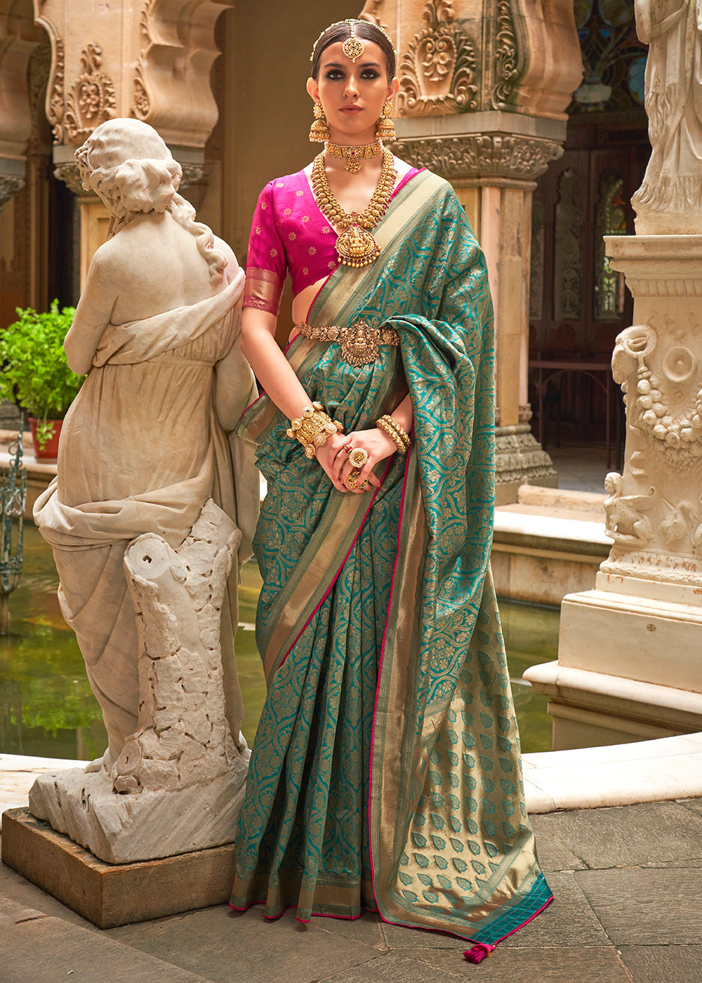 Asparagus Green Zari Woven Banarasi Saree