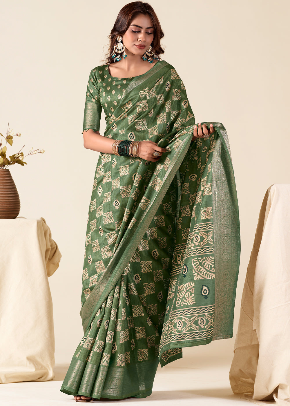 Flax Smoke Green Banarasi Printed Soft Silk Saree