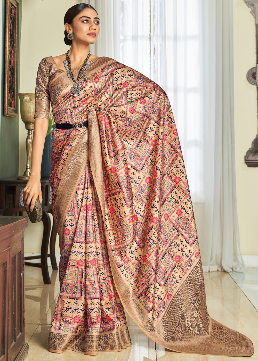 Barley Pink and Cream Woven Banarasi Satin Silk Saree