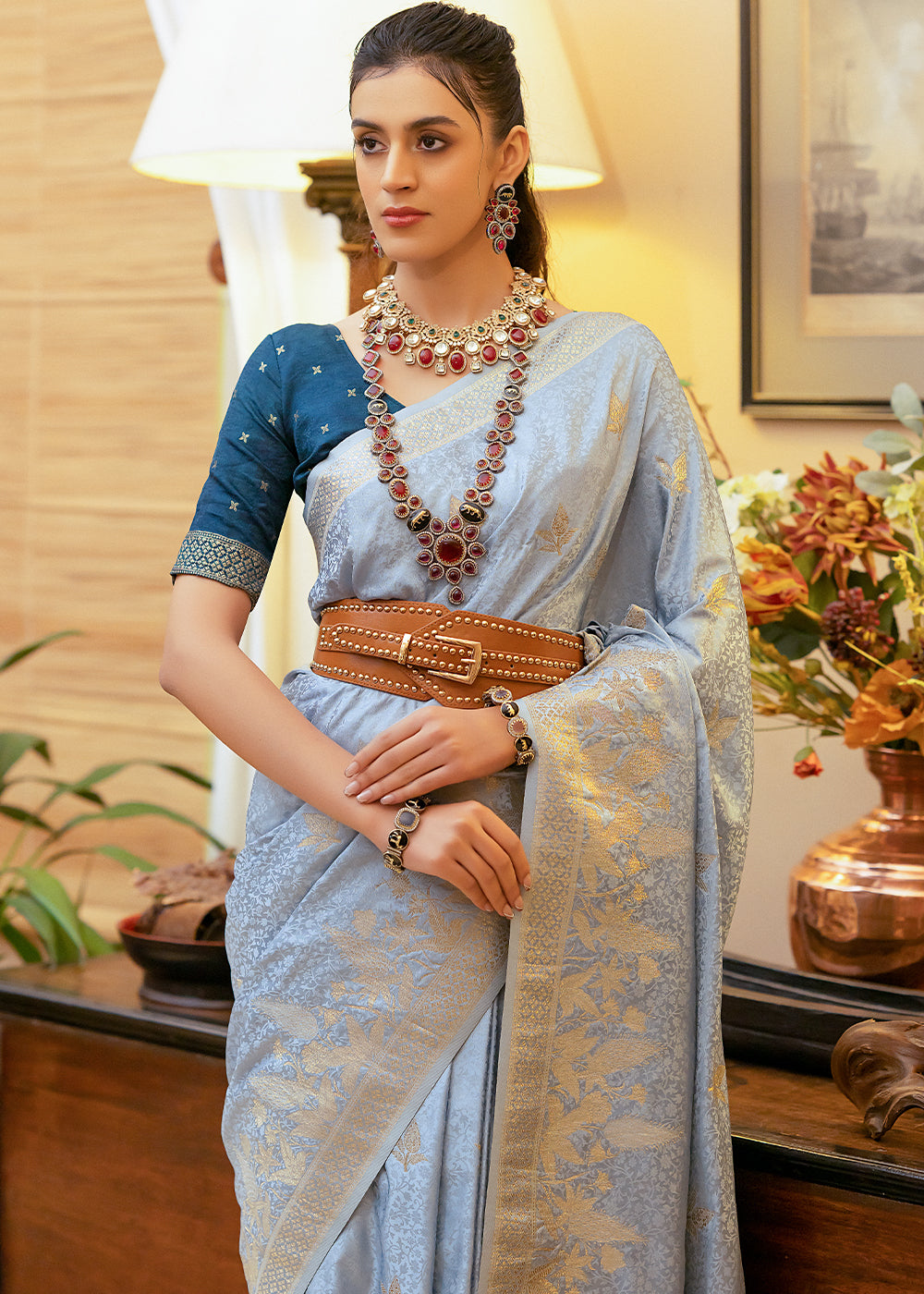 Heather Blue Woven Satin Silk Saree