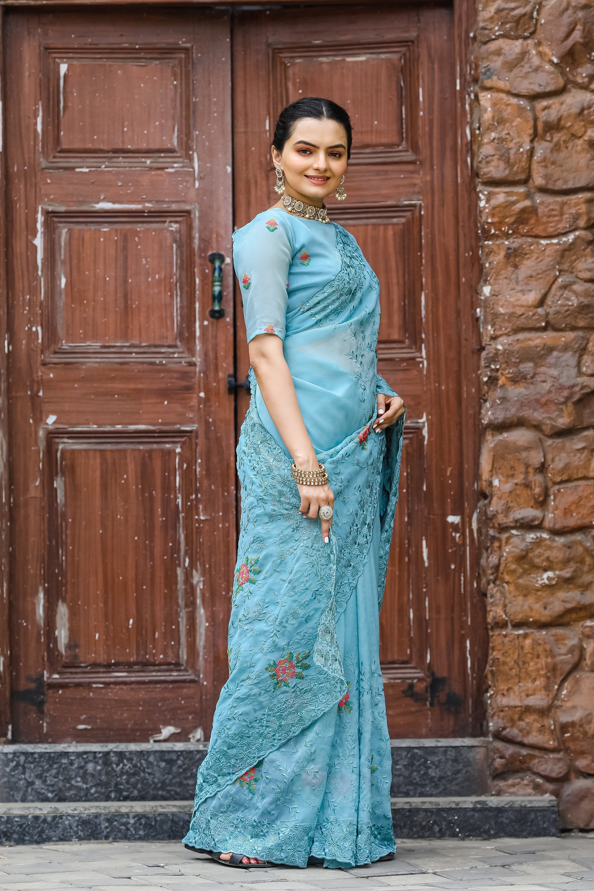 Rainy Blue Embroidered Chiffon Silk Saree