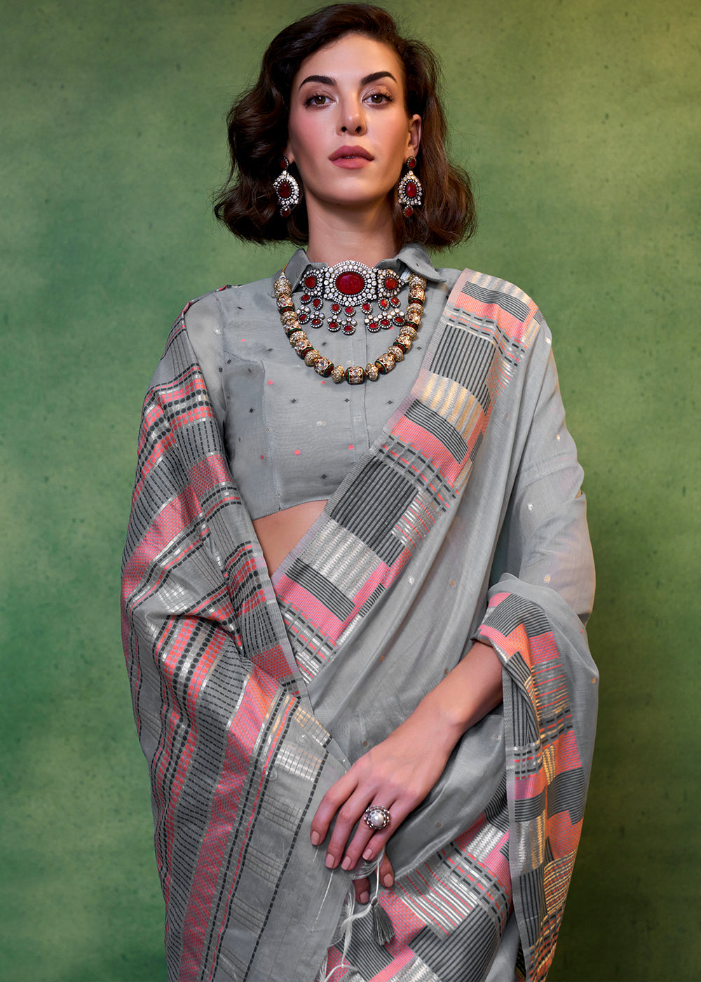 Nevada Grey Handloom Cotton Silk Saree