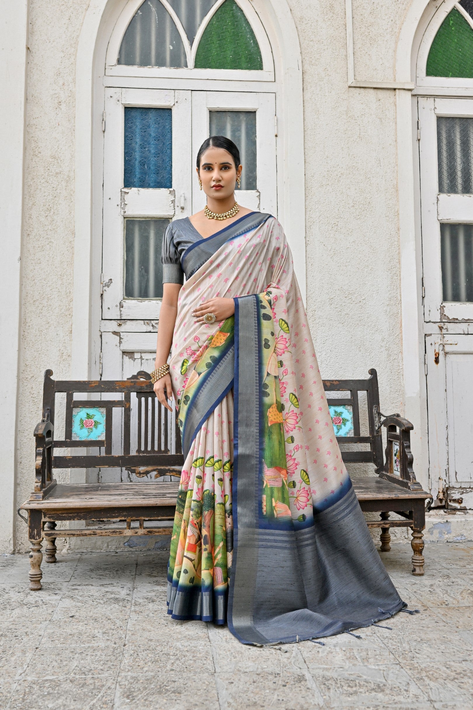 Tide White and Blue Tussar Printed Silk Saree