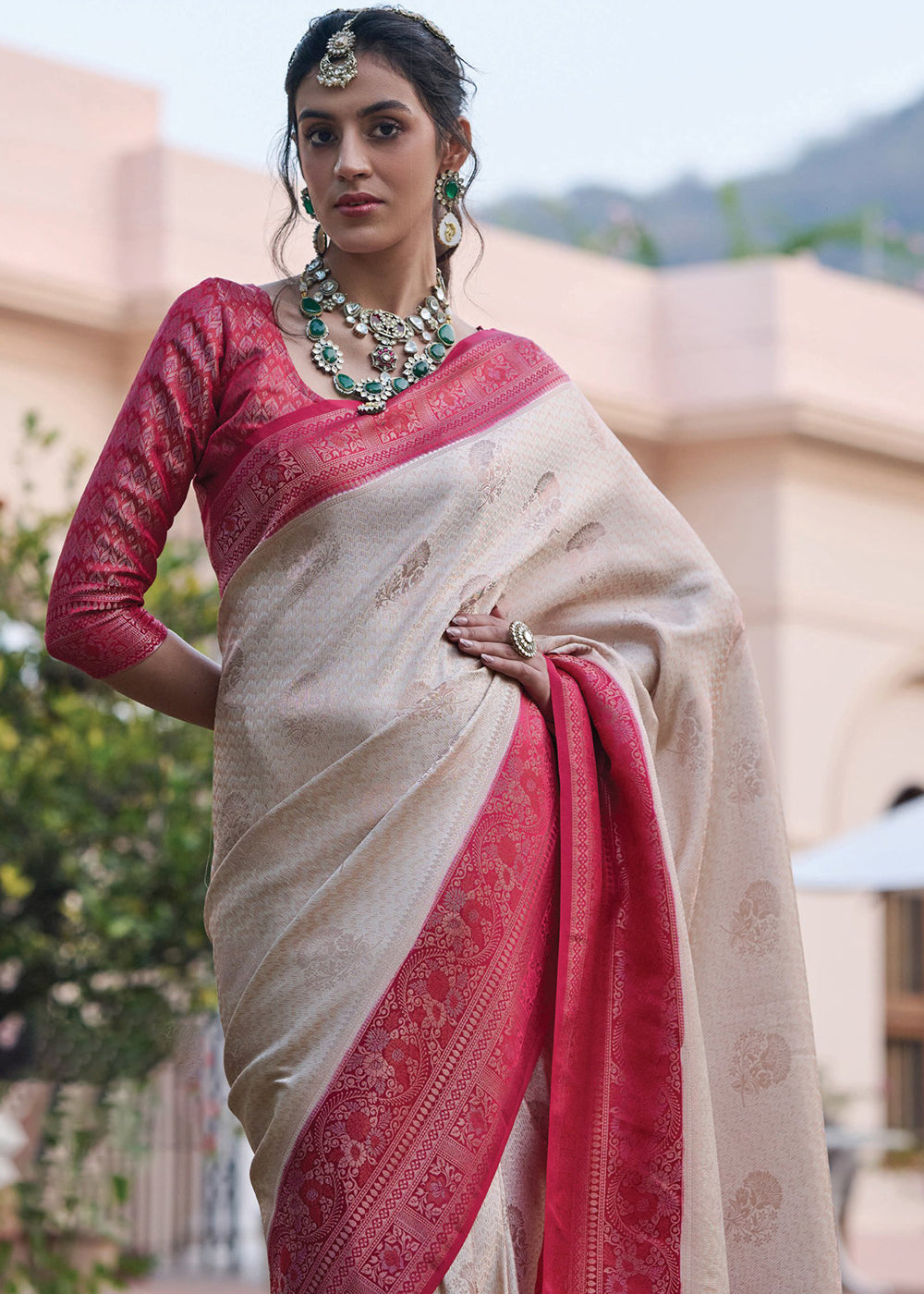 Dusty White and Red Designer Satin Silk Saree