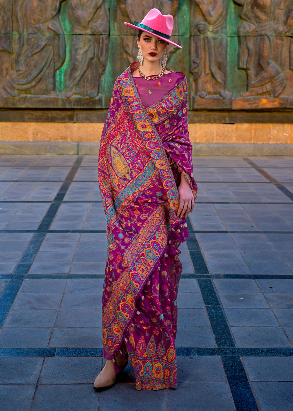 Midnight Pearl Purple Jamawar Woven Organza Silk Saree