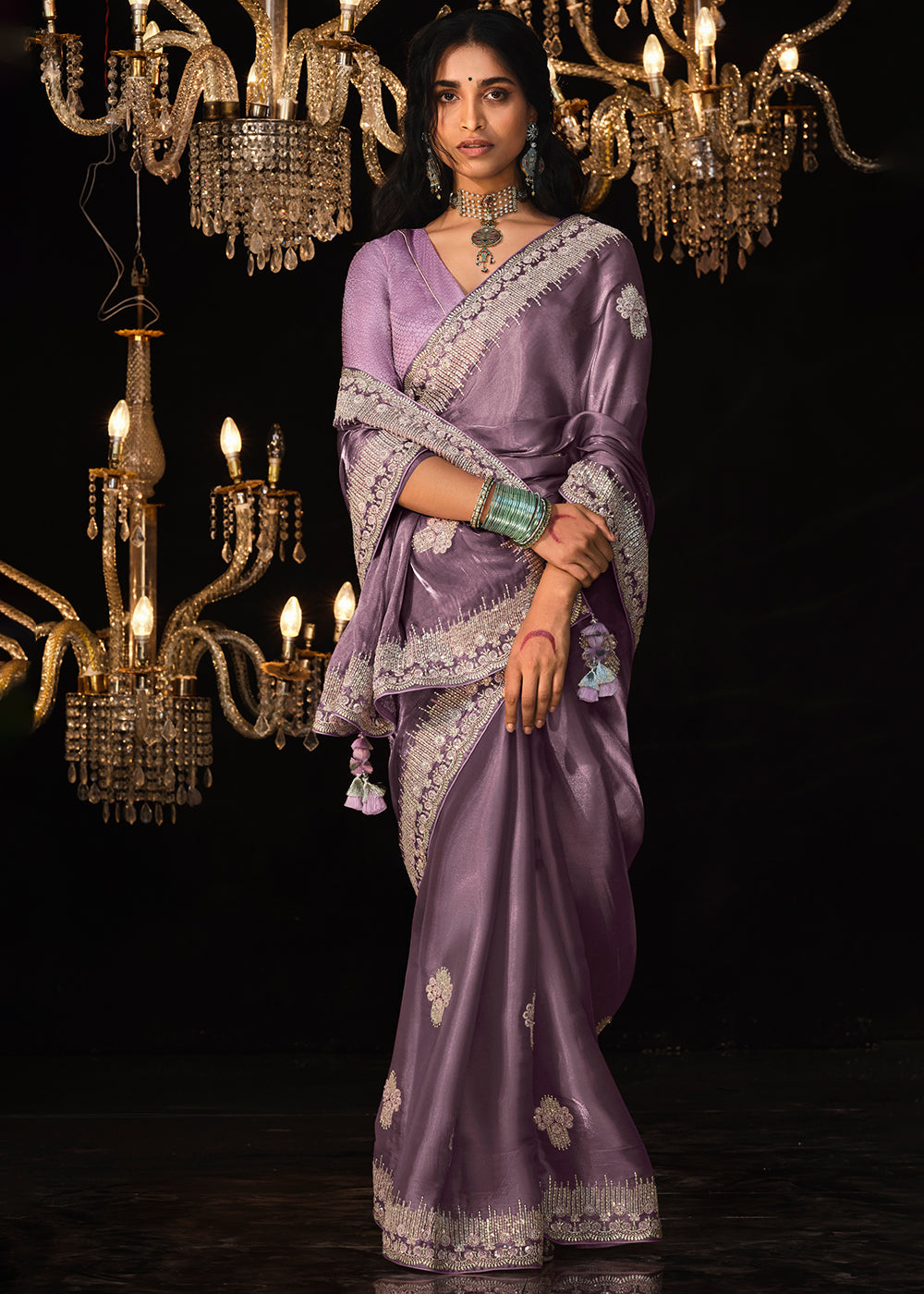 Bouquet Purple Embroidered Designer Satin Silk Saree