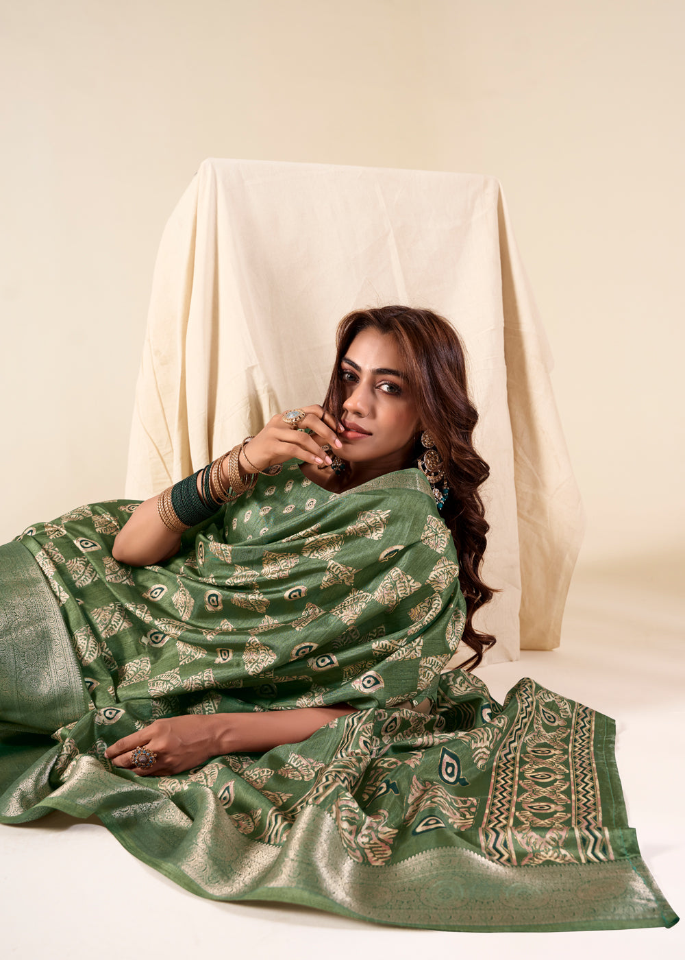 Flax Smoke Green Banarasi Printed Soft Silk Saree