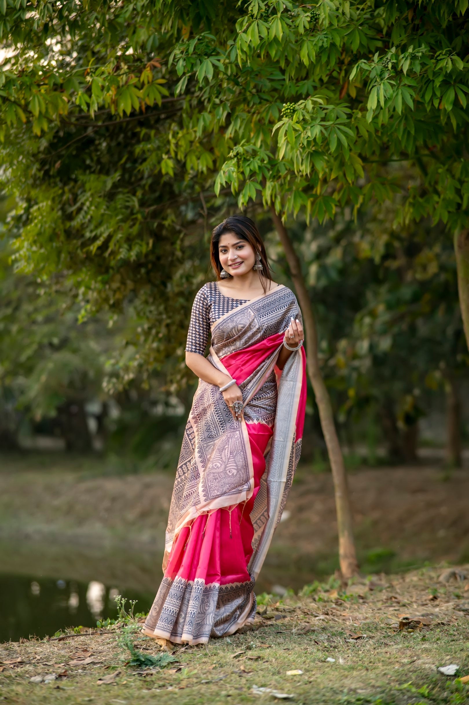 Radical Pink Madhubani Printed Silk Saree