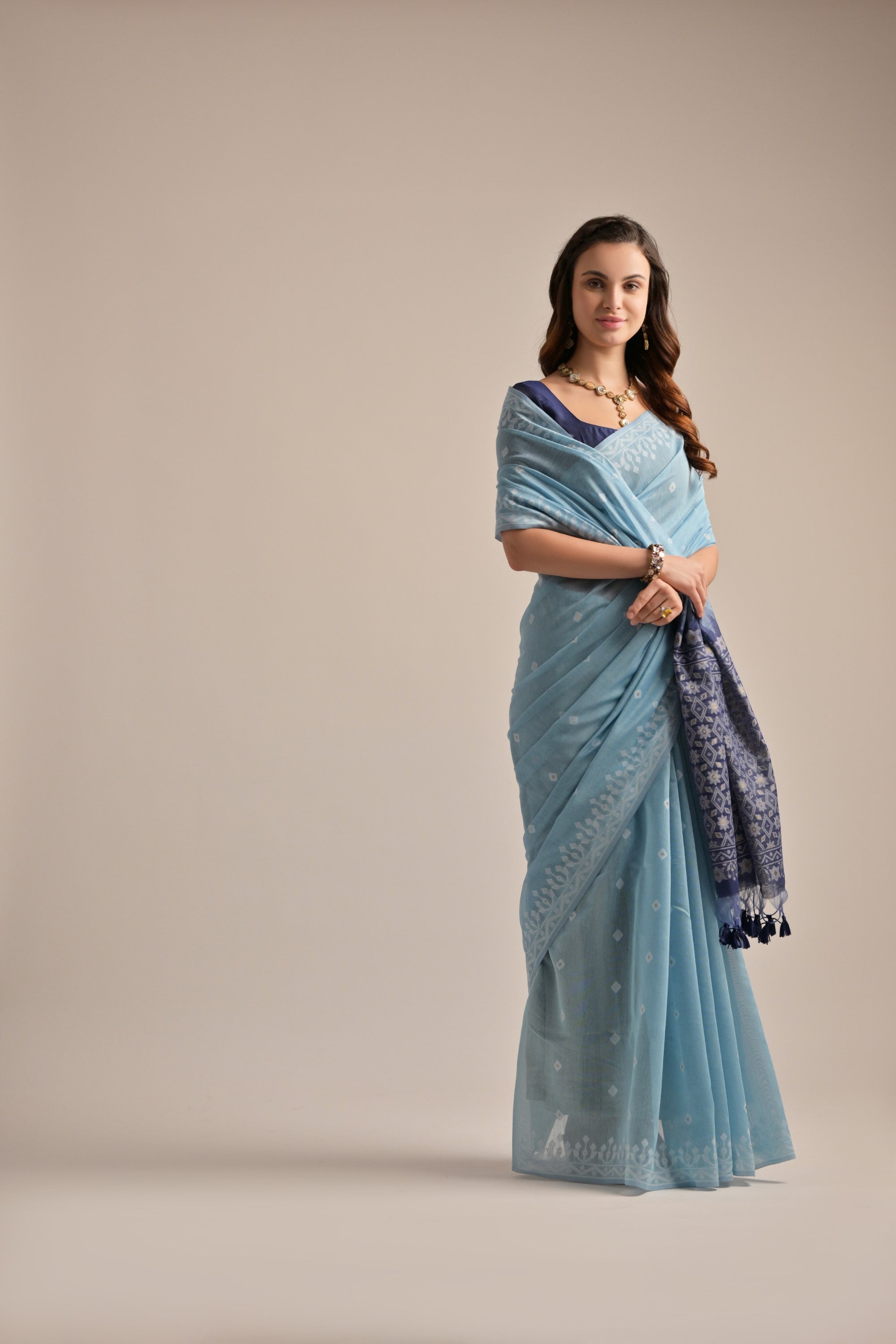 Jungle Mist Blue Lucknowi Woven Muga Cotton Saree