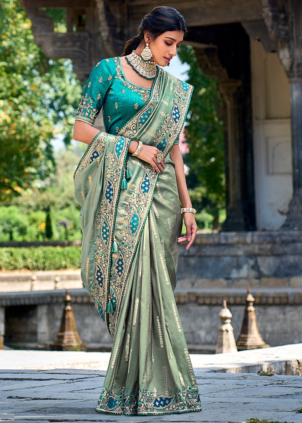 Fern Green Woven Designer Banarasi Embroidered Silk Saree