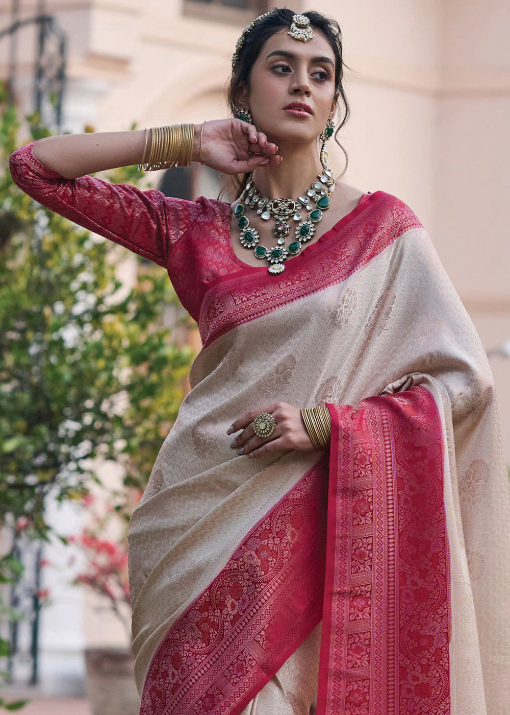 Dusty White and Red Designer Satin Silk Saree