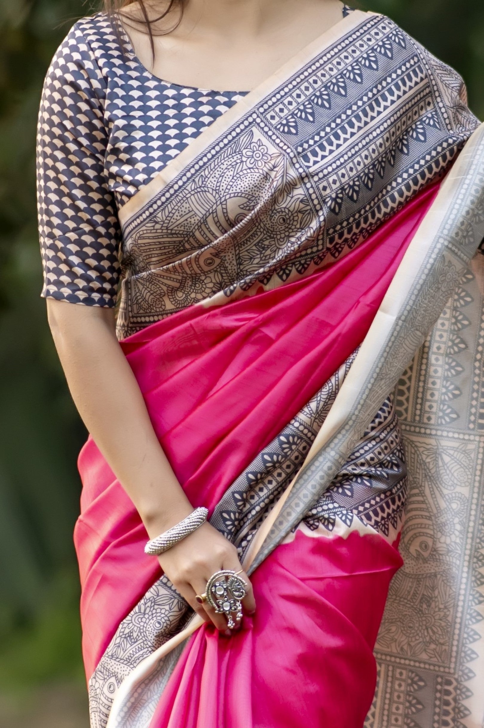 Radical Pink Madhubani Printed Silk Saree