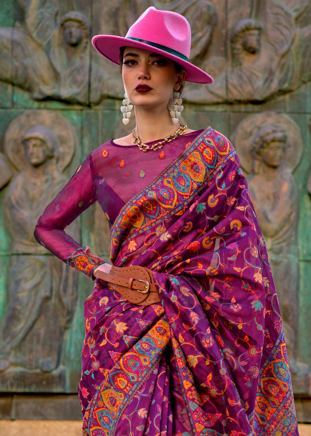 Midnight Pearl Purple Jamawar Woven Organza Silk Saree