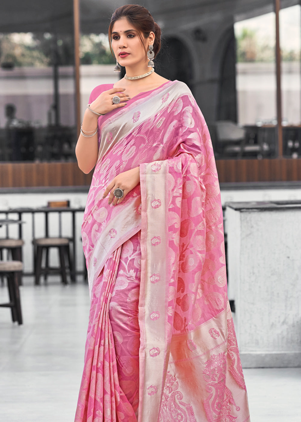 French Pink Lucknowi Linen Cotton Saree