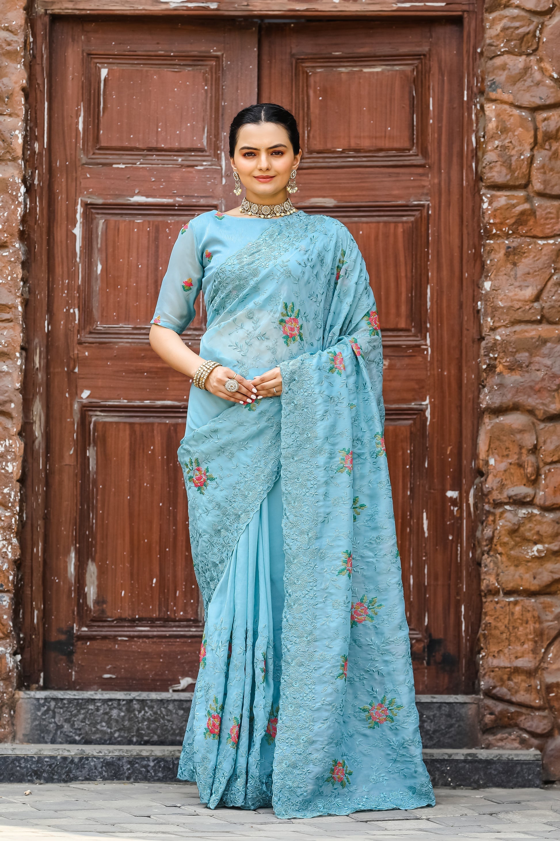 Rainy Blue Embroidered Chiffon Silk Saree