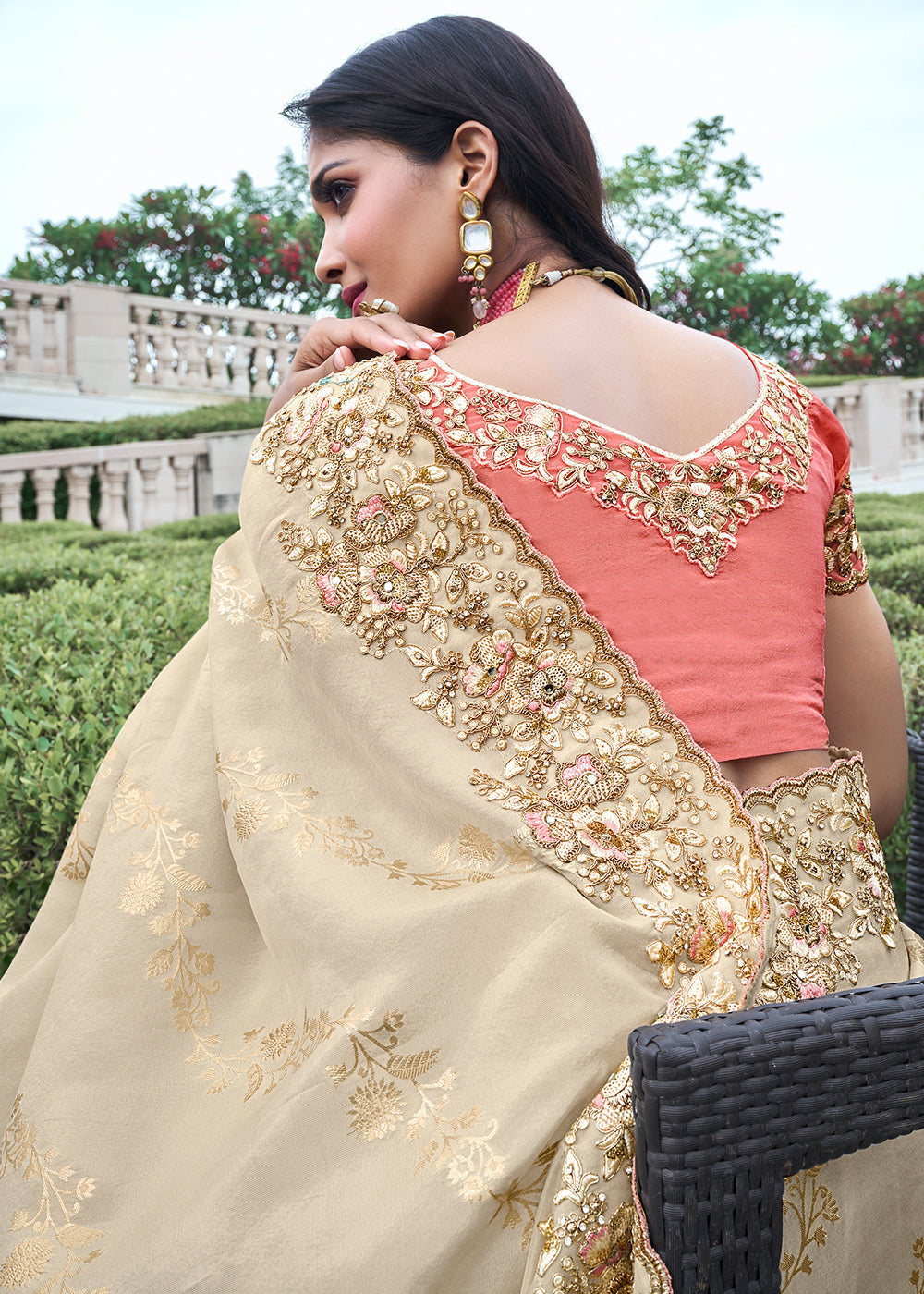 Bone Cream Embroidered Designer Silk Saree