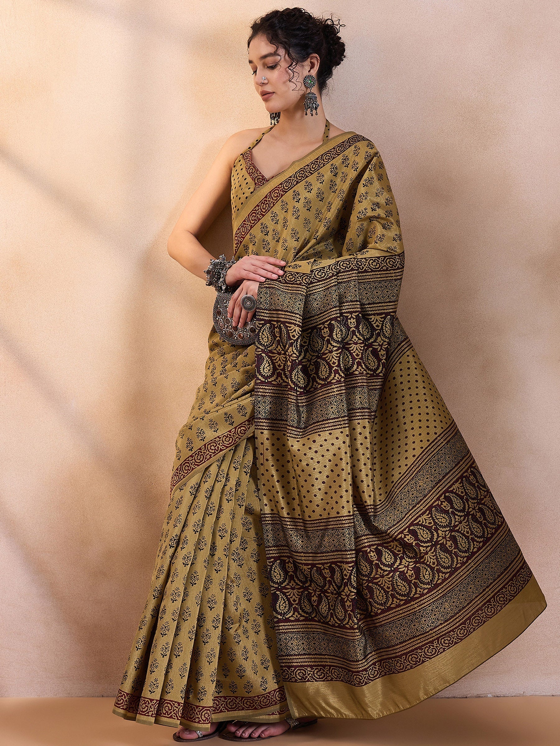 Muesli Yellow Printed Dola Silk Saree