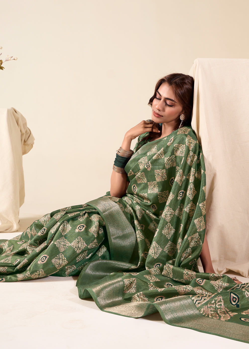 Flax Smoke Green Banarasi Printed Soft Silk Saree