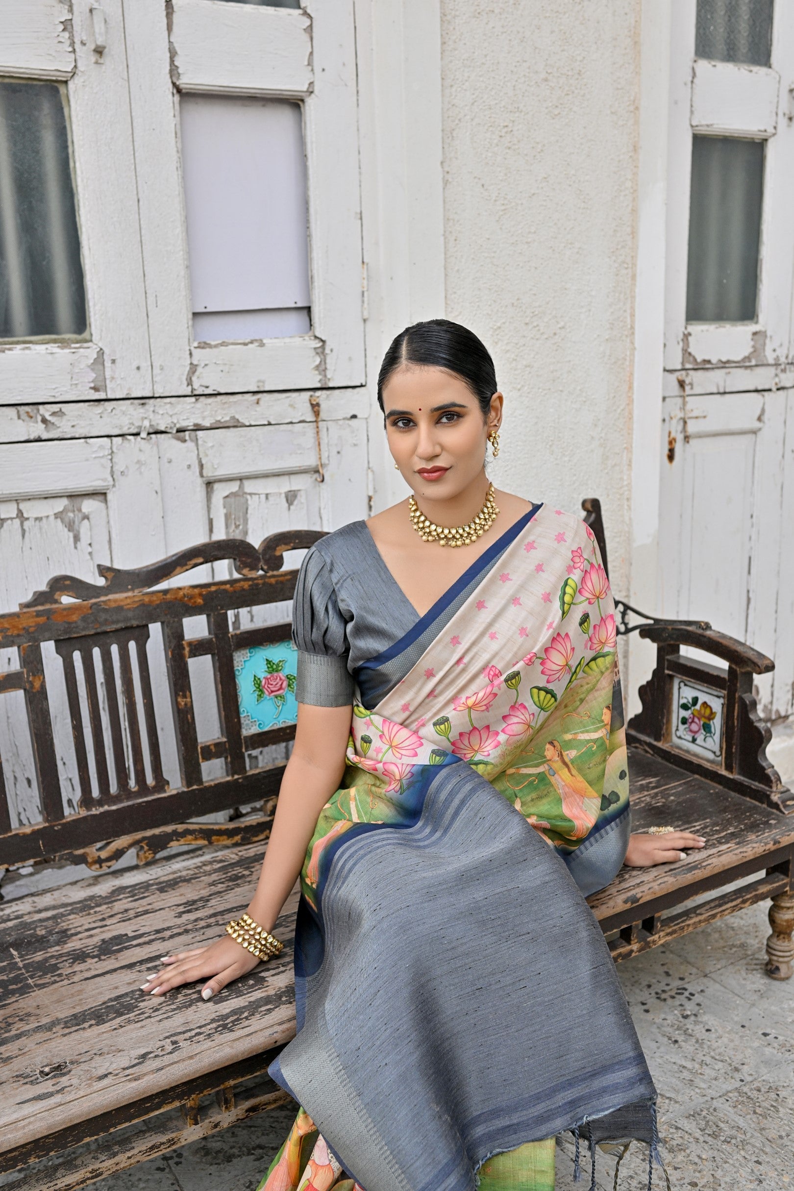 Tide White and Blue Tussar Printed Silk Saree