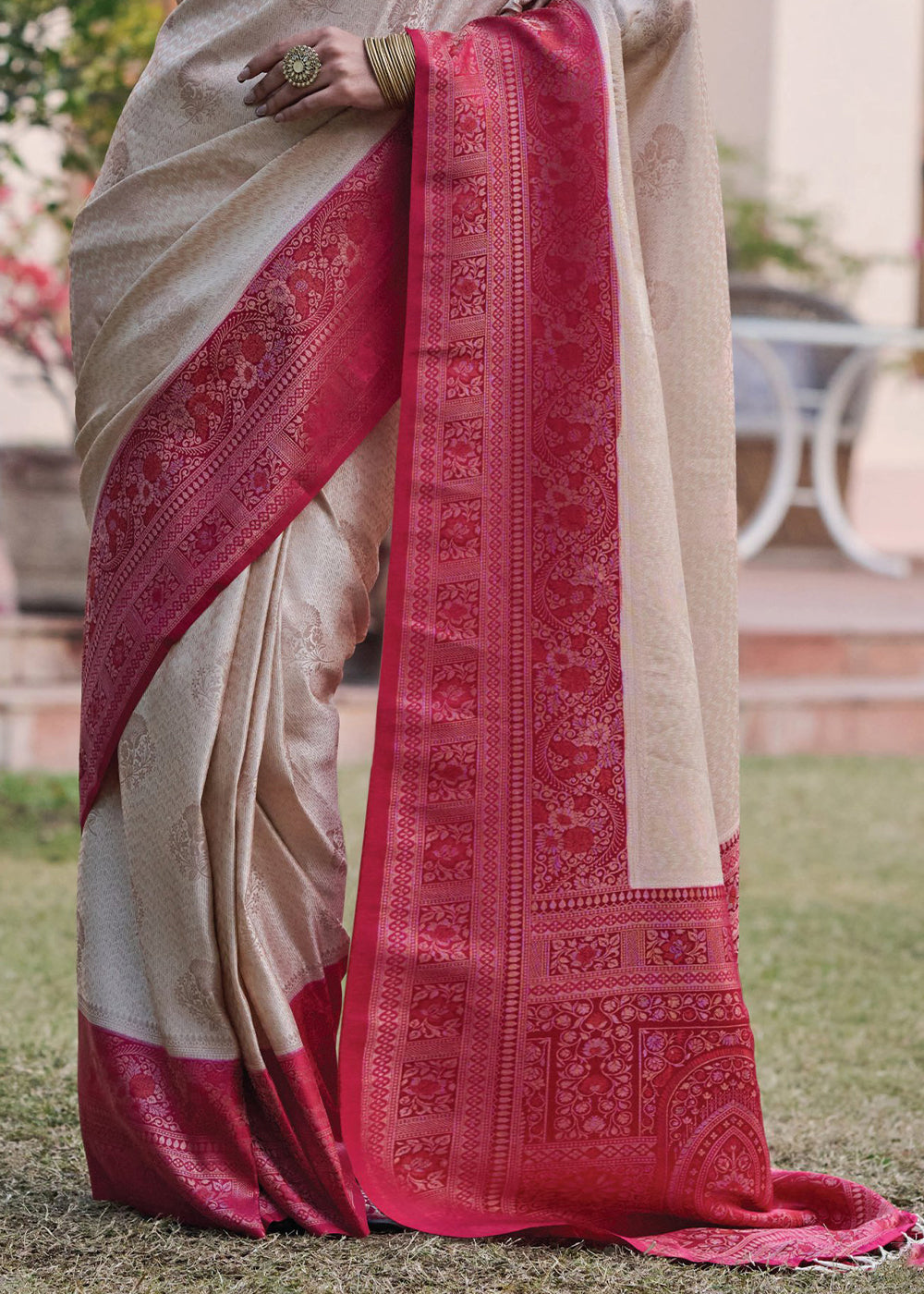 Dusty White and Red Designer Satin Silk Saree