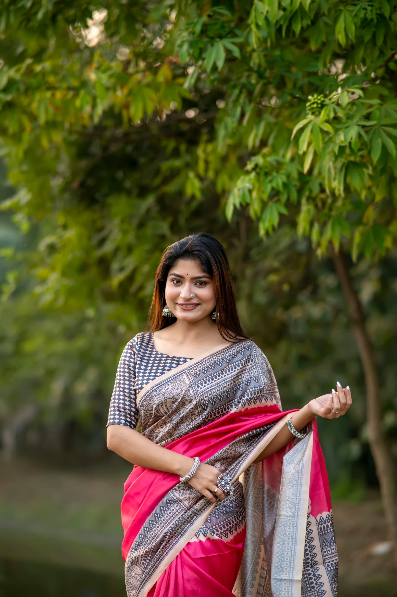 Radical Pink Madhubani Printed Silk Saree