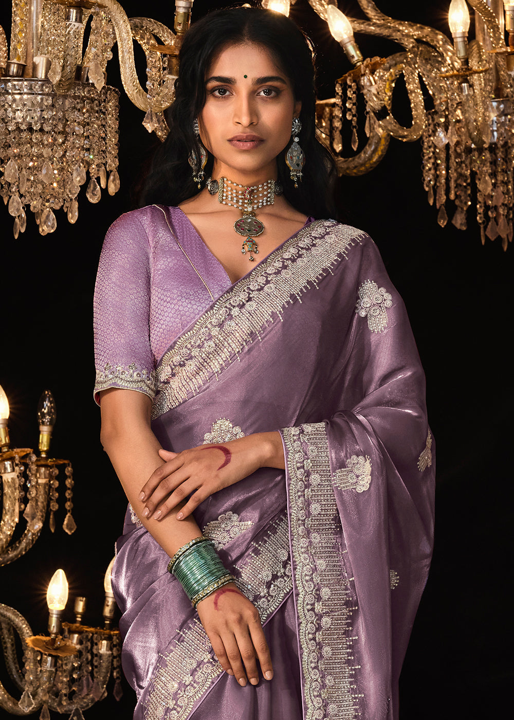 Bouquet Purple Embroidered Designer Satin Silk Saree