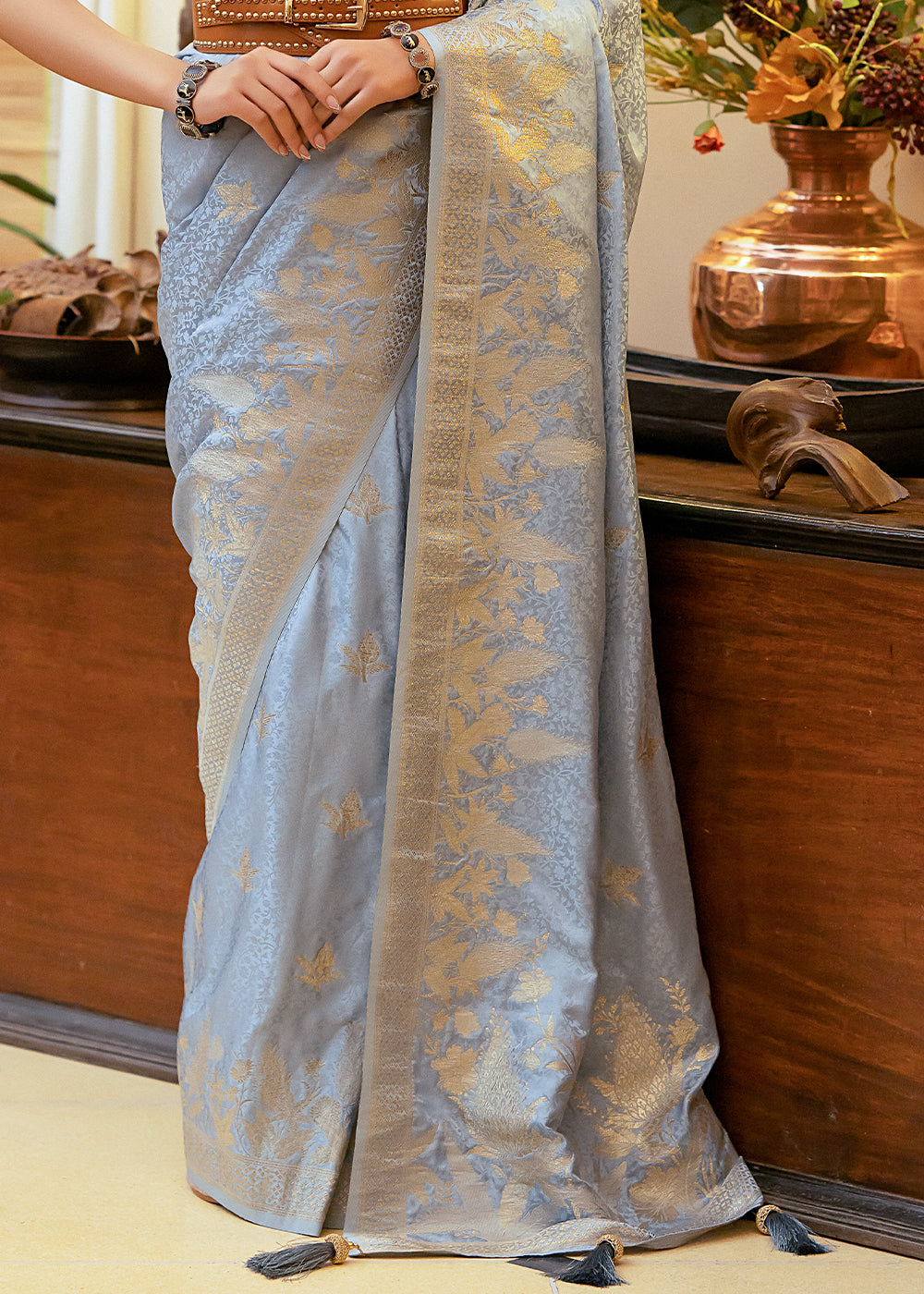 Heather Blue Woven Satin Silk Saree