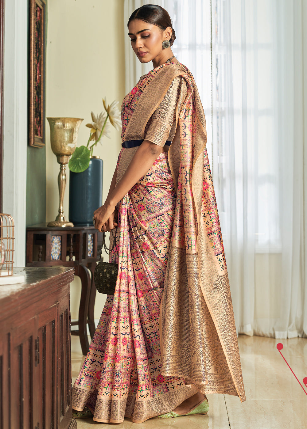 Barley Pink and Cream Woven Banarasi Satin Silk Saree