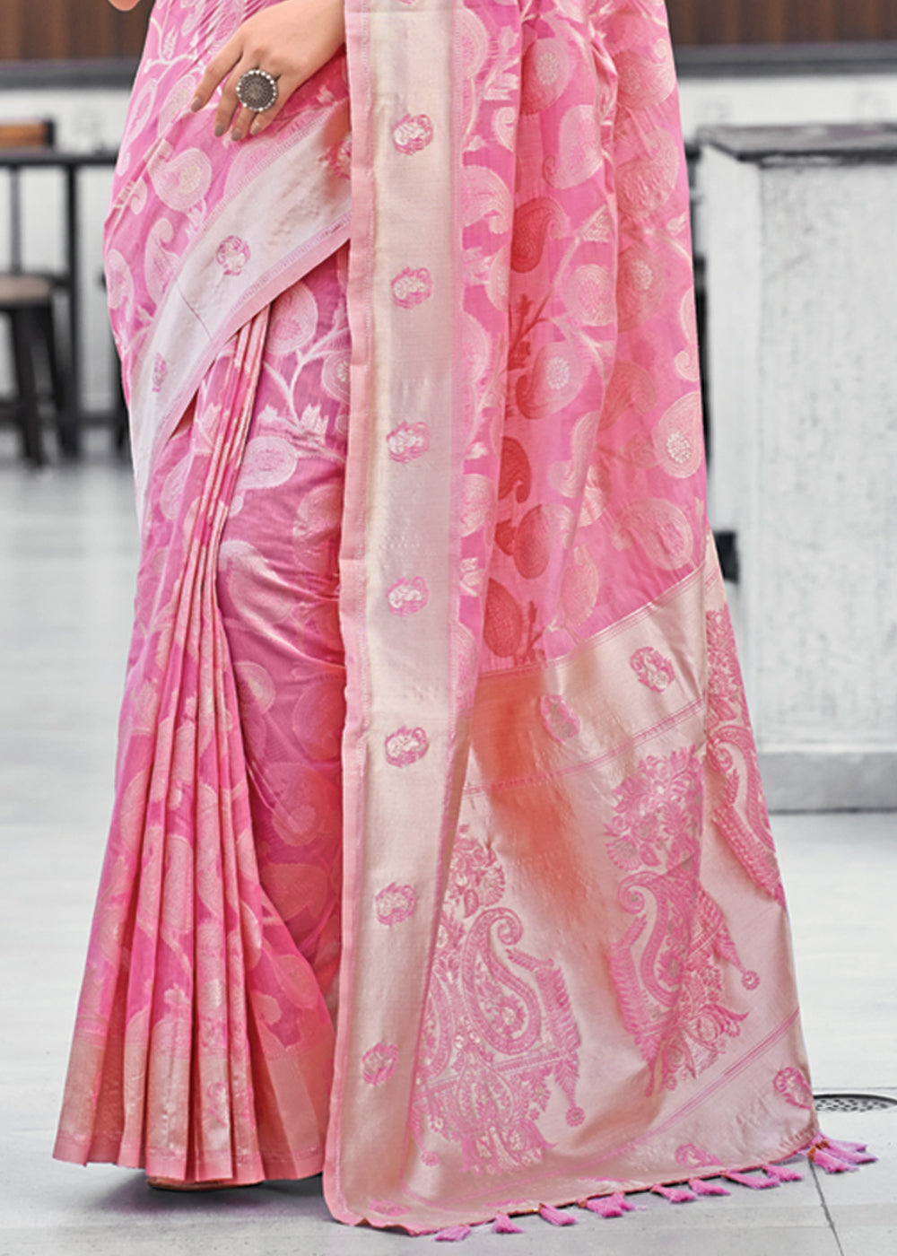 French Pink Lucknowi Linen Cotton Saree