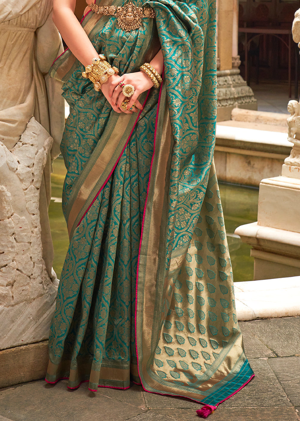 Asparagus Green Zari Woven Banarasi Saree