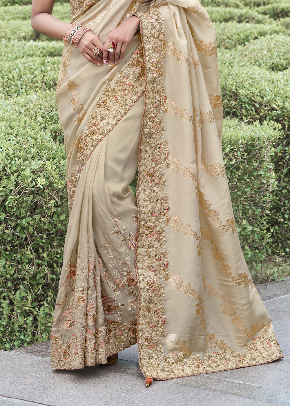 Bone Cream Embroidered Designer Silk Saree