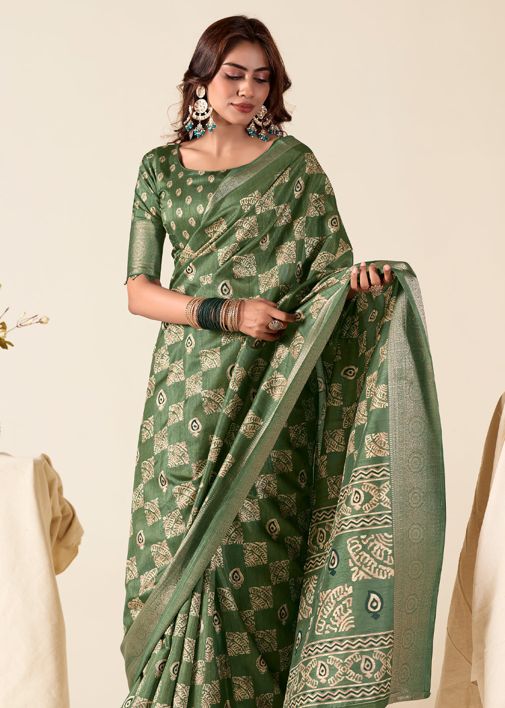 Flax Smoke Green Banarasi Printed Soft Silk Saree