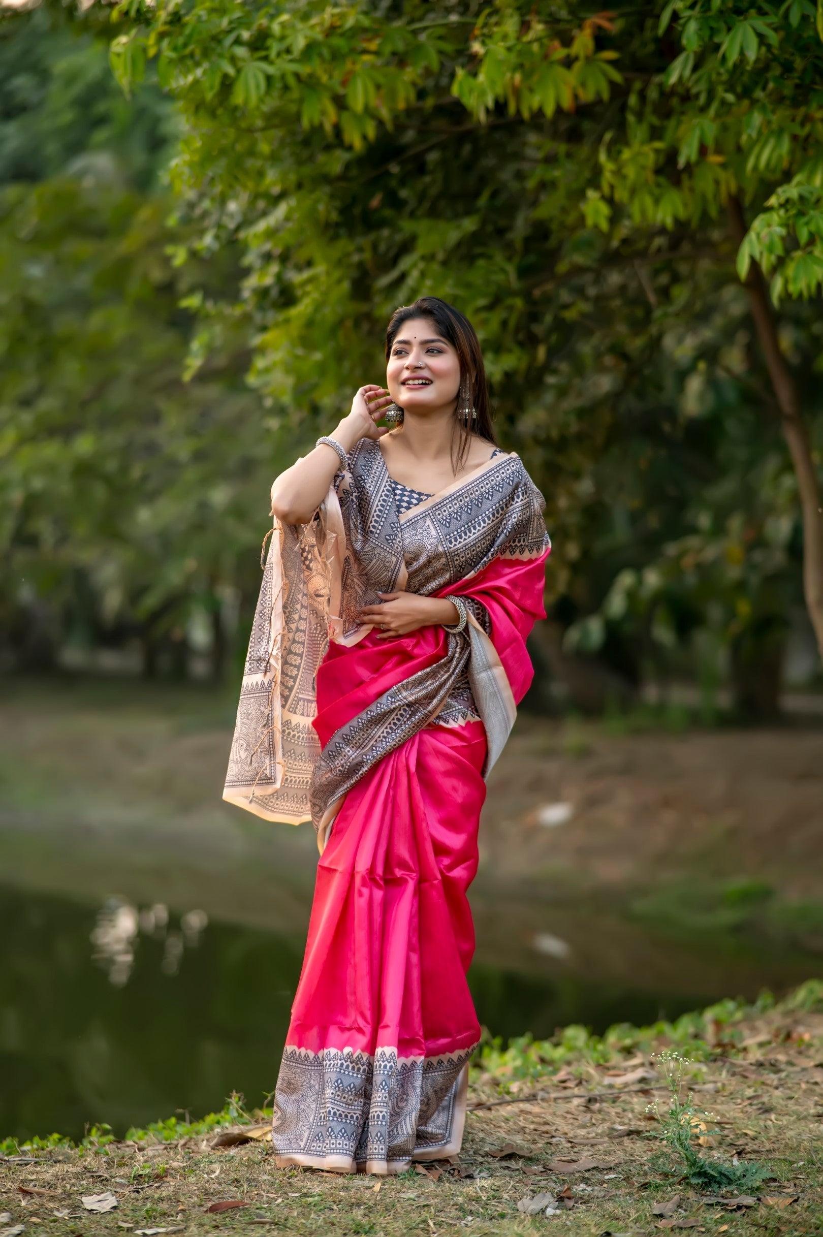 Radical Pink Madhubani Printed Silk Saree