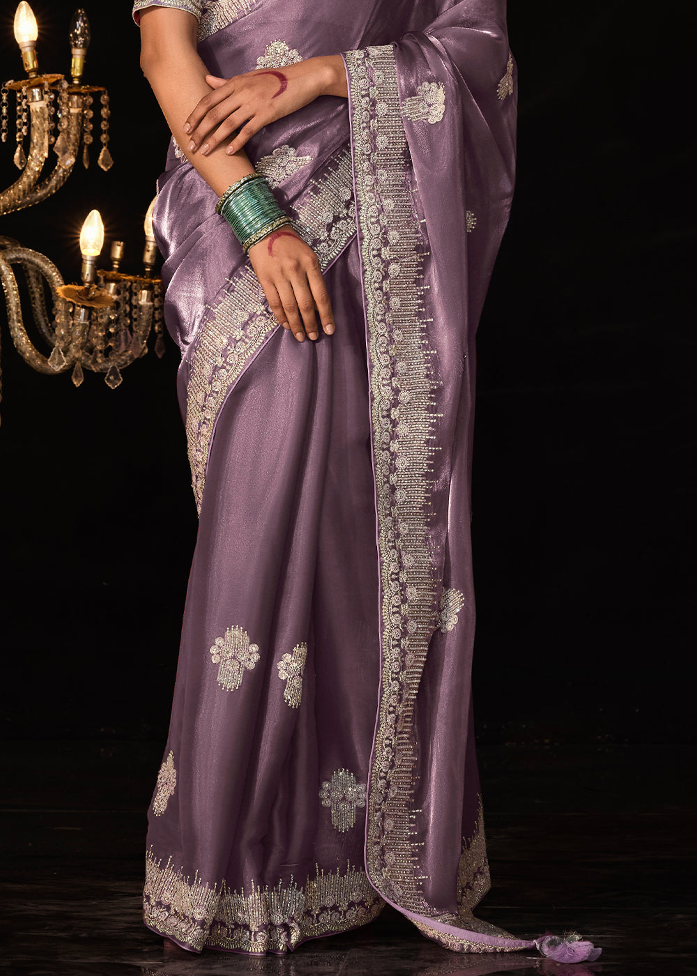 Bouquet Purple Embroidered Designer Satin Silk Saree