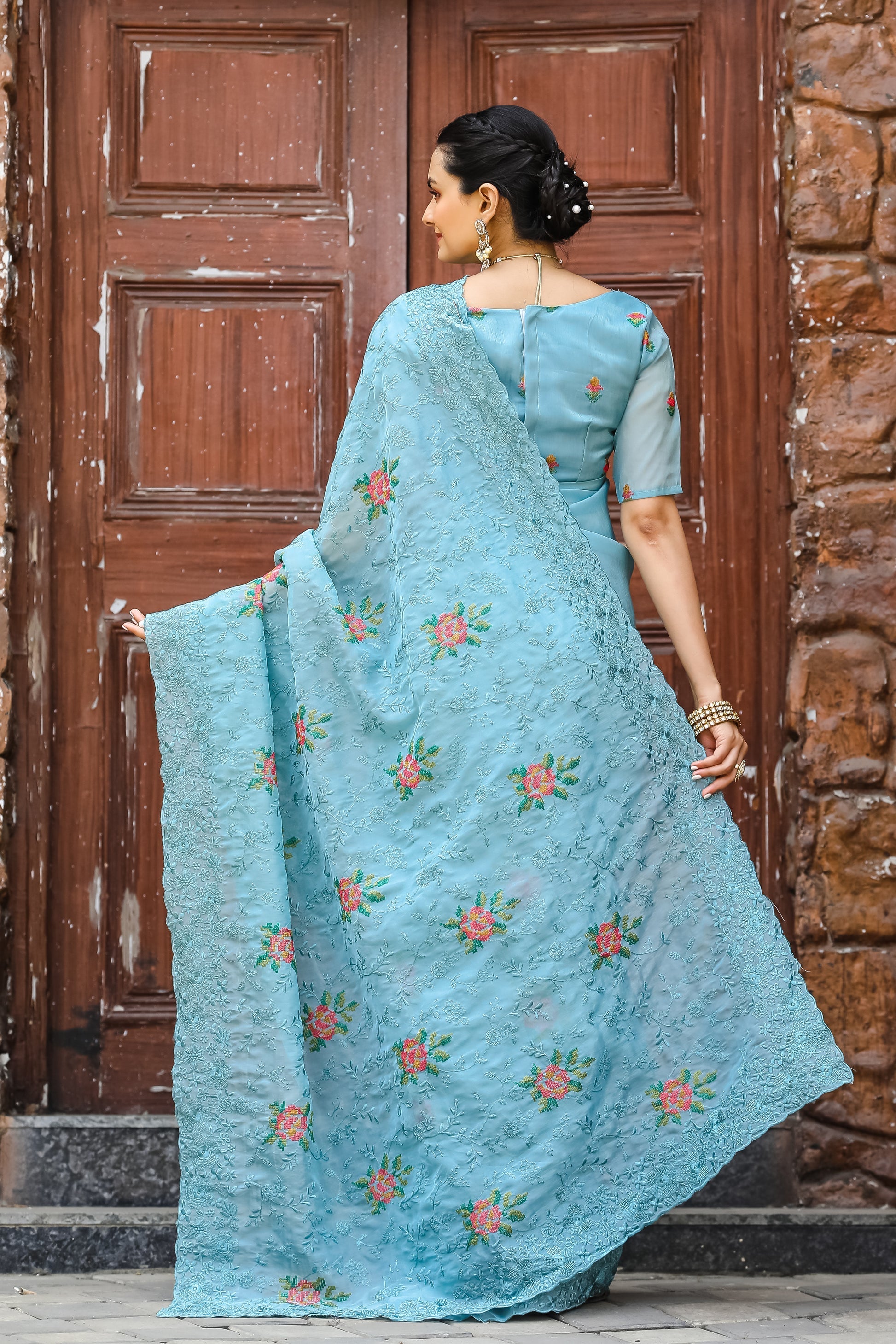 Rainy Blue Embroidered Chiffon Silk Saree