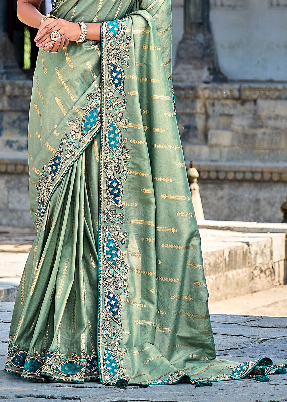 Fern Green Woven Designer Banarasi Embroidered Silk Saree