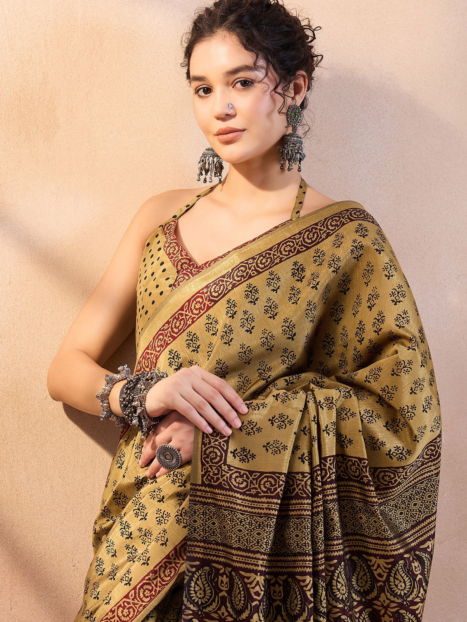 Muesli Yellow Printed Dola Silk Saree