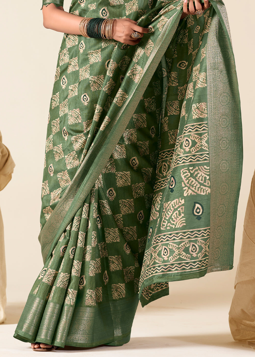 Flax Smoke Green Banarasi Printed Soft Silk Saree